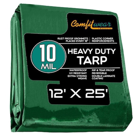 Comfitwear 10 MIL Heavy Duty Multi-Purpose Tarp Cover Rust Proof Waterproof Reinforced Edges Green/Black MTGB-1225